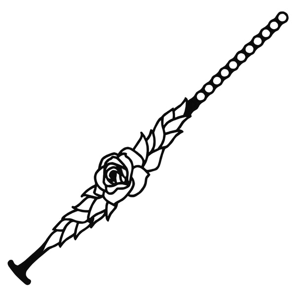 vue bracelet rose, noir, silicone, en entier, à plat. Ladygum, bijoux fantaisies, bracelets fantaisies, marque française, créateurs, designers. Style fleur, floral, nature, romantique, rose, fémini. Souple, léger, résistant à l'eau, à la chaleur, à la lumière, minimisant les allergies. Longueur réglable, bracelet ajustable, fermoir en T.