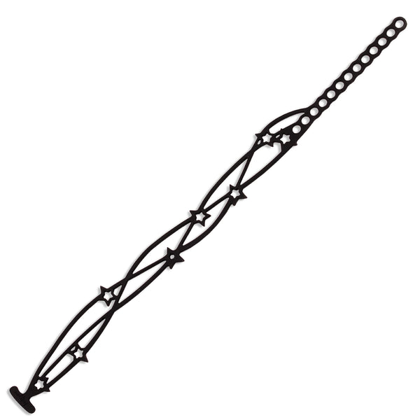 vue à plat, en entier, chaîne de cheville, modèle étoiles, couleur noir. Ladygum, bijoux fantaisies en silicone, créateurs, designers. Style multi rangs, princesses, cosmique, planète, étoiles. Cadeau original. Légère, souple, ajustable, longueur réglable, fermoir en T.