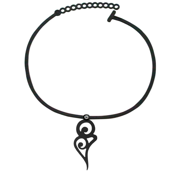 vue en entier à plat longueur réglable fermoir en T  collier pendentif courbe noir silicone ladygum strass swarovski cristal amovible riveté bijou fantaisie