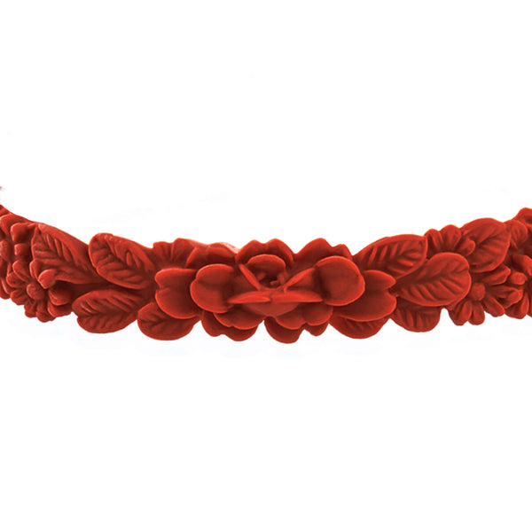 vue zoom, gros plan, en entier, bracelet boho les fleurettes, couleur lithci/orange/terracotta/rouille. Silicone souple, bijoux fantaisies, ladygum, marque française. Bracelet aux fleurs en relief, non ajustable, taille unique, facile à enfiler au poignet. Cadeau original.