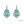 vue paire de boucles d'oreilles en entier. Modèle : arabesque, couleur : turquoise, bleu, vert, foncé. Attache dormeuse en acier inoxydable. Style orientale, celtique, ajouré, tribal, motif. Ladygum, marque française, bijoux fantaisies en silicone. Légères, souples, pendantes, longues, minimisant les allergies. Cadeau original.