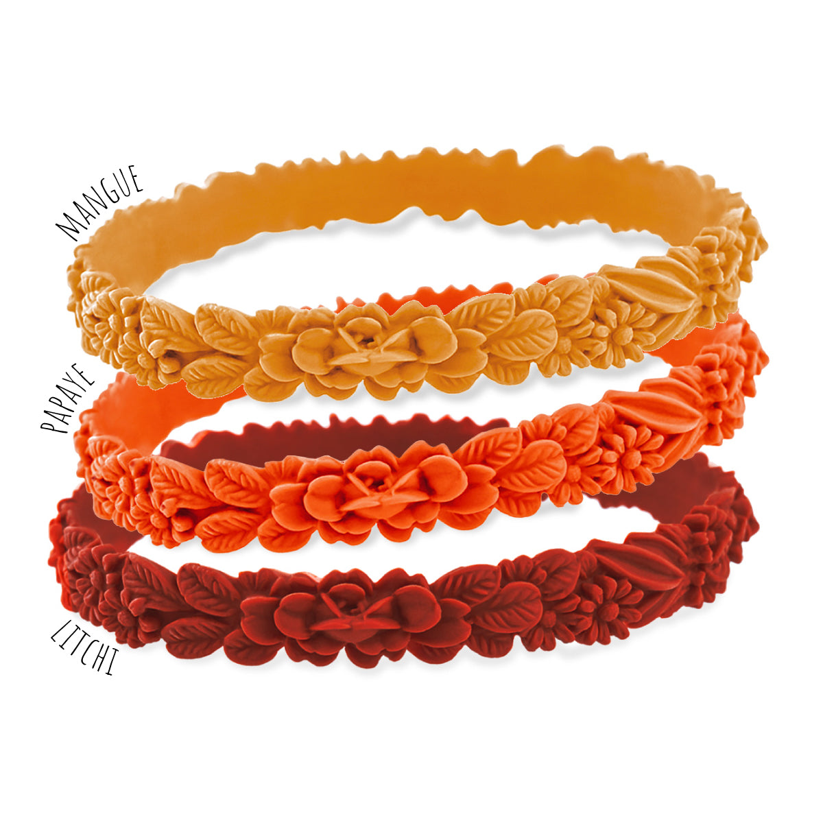 vue gros plan, trio de mix, mix automne/autumn, pack 3 bracelets les fleurettes, bracelets fantaisies aux fleurs 3D en relief. Silicone, 3 couleurs, mangue, papaye, litchi. Ladygum, marque française, bijoux fantaisies, créateurs, designers. Souple, léger, bracelet facile à enfiler, taille unique, non ajustable, résistant à l'eau, à la chaleur, à la lumière, minimisant les allergies.