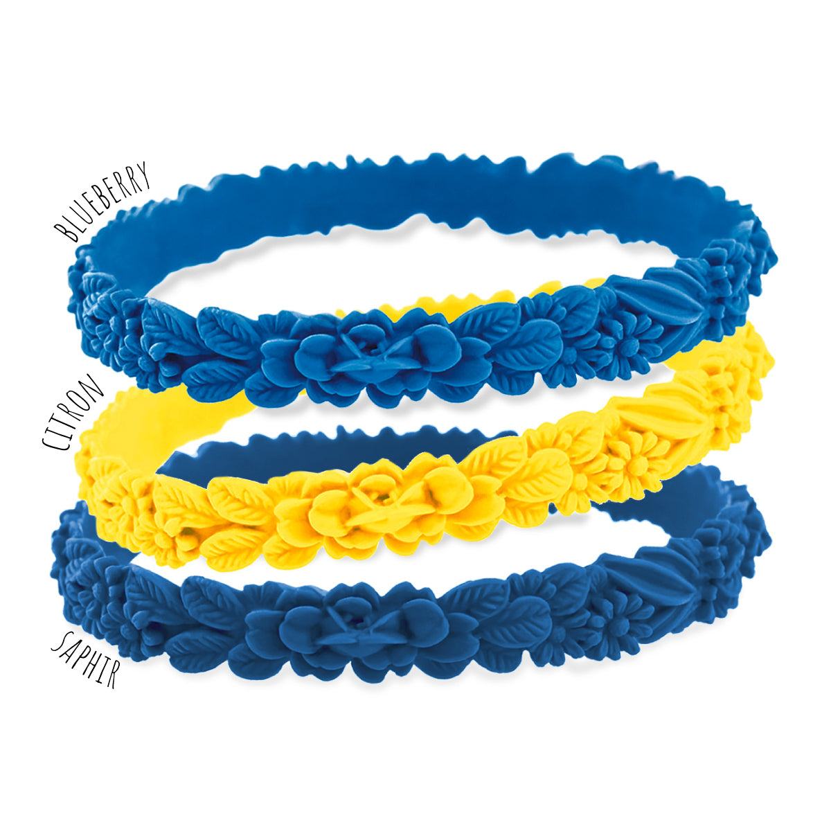 vue gros plan, trio de mix cosmic. Couleur blueberry, citron, saphir. Bracelet les fleurettes, fleurs 3D, silicone, ladygum, bijoux fantaisies, marque française, créateurs, designers. Bracelet à enfiler, non ajustable, souple, léger, fragile, résistant à l'eau, à la chaleur, à la lumière, minimisant les allergies.