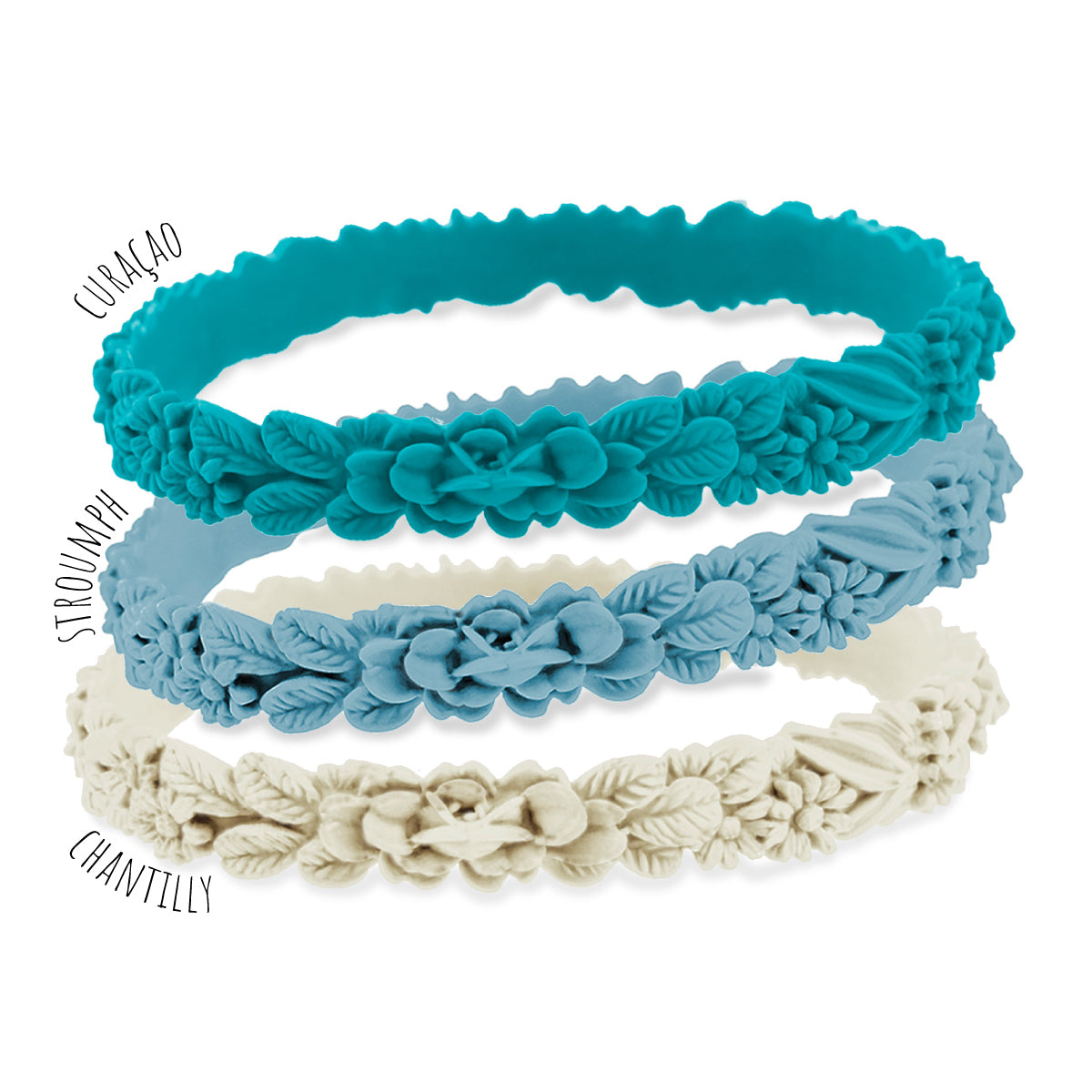 vue gros plan, trio de mix, pack 3 bracelets les fleurettes, bracelets fantaisies aux fleurs 3D. Silicone, ladygum, bijoux fantaisies, marque française, créateurs, designers. Couleurs curaçao, stroumph, chantilly. Souple, léger, bracelet à enfiler, non ajustable, fragile, résistant à l'eau, à la chaleur, à la lumière, minimisant les allergies.
