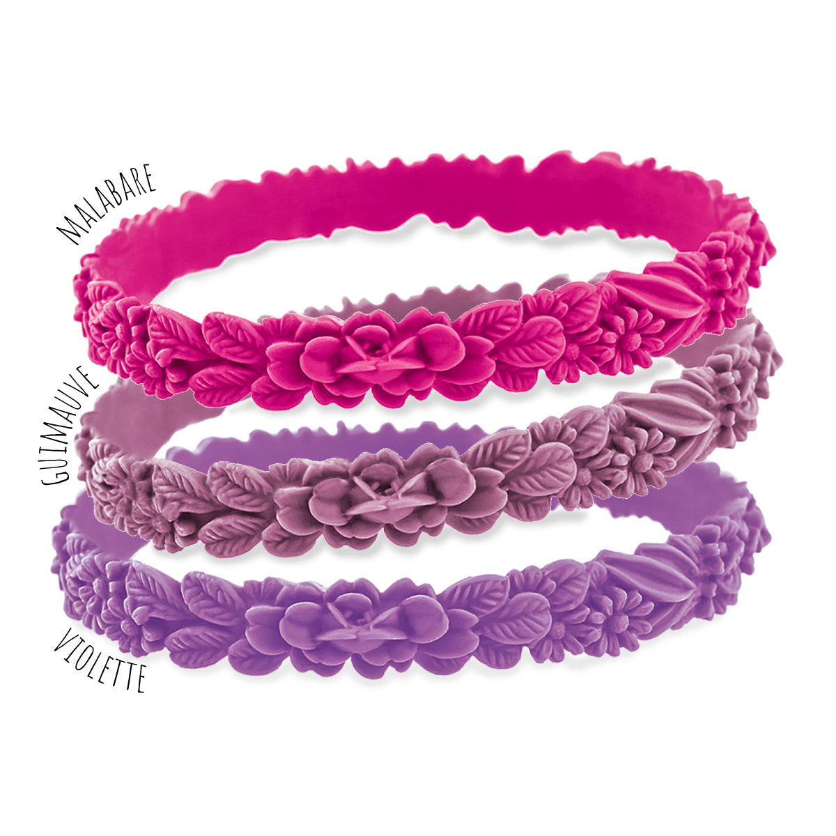 vue gros plan, trio de mix, pack 3 bracelets les fleurettes, bracelets fantaisies aux fleurs 3D. Silicone, bijoux fantaisies, ladygum, marque française, créateurs, designers. 3 couleurs, malabare, guimauve, violette. Souple, léger, bracelet facile à enfiler, non ajustable, bracelet fantaisie, résistant à l'eau, à la chaleur, à la lumière, minimisant les allergies, taille unique.