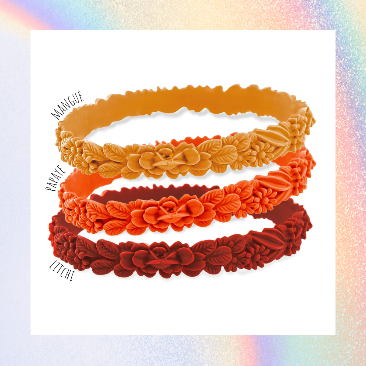 vue gros plan, trio de mix, mix automne/autumn, pack 3 bracelets les fleurettes, bracelets fantaisies aux fleurs 3D en relief. Silicone, 3 couleurs, mangue, papaye, litchi. Ladygum, marque française, bijoux fantaisies, créateurs, designers. Souple, léger, bracelet facile à enfiler, taille unique, non ajustable, résistant à l'eau, à la chaleur, à la lumière, minimisant les allergies.
