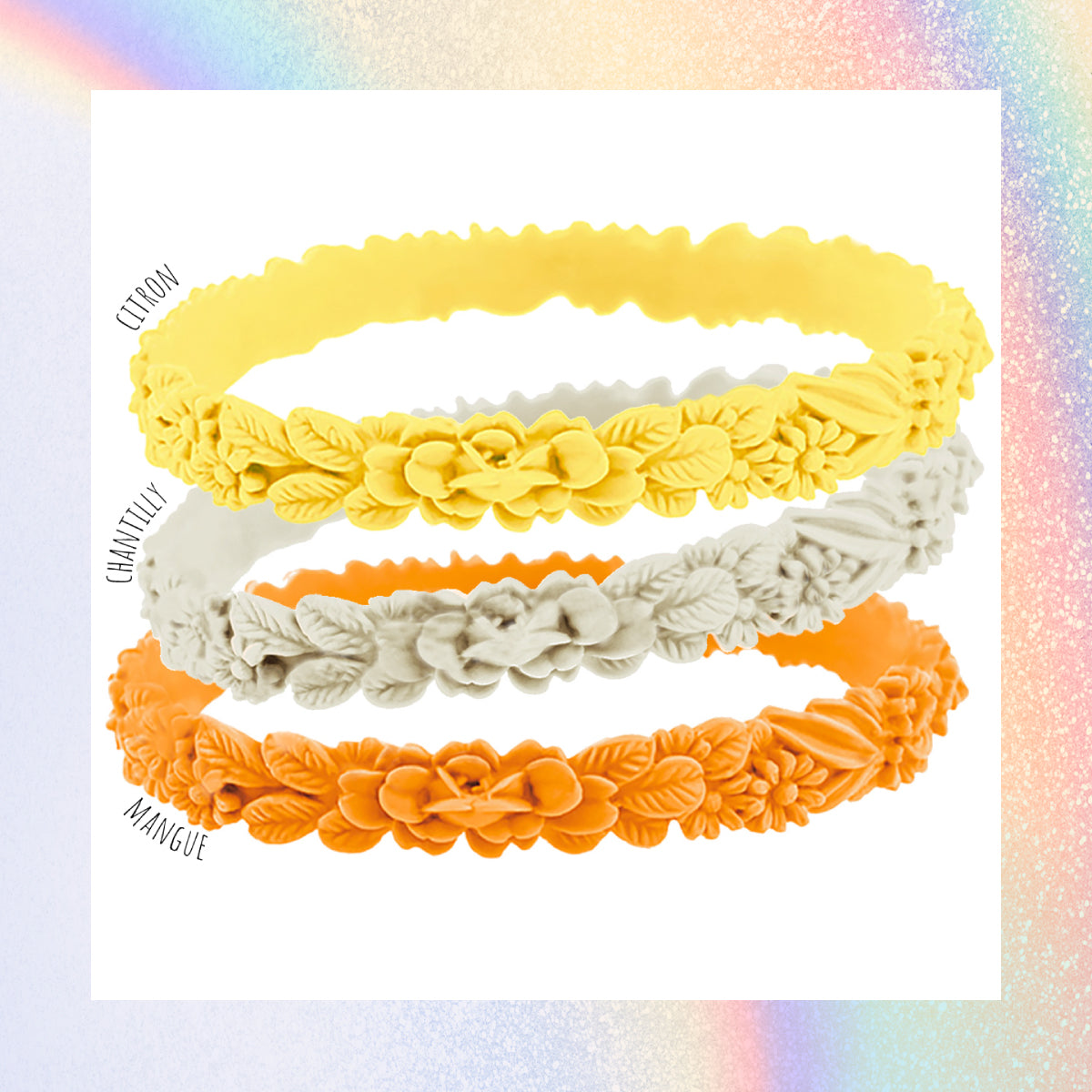vue gros plan, trio de mix, mix lemonade juice, pack 3 bracelets les fleurettes, bracelets fantaisies aux fleurs 3D en relief. Silicone, 3 couleurs, citron, chantilly, mangue. Ladygum, marque française, bijoux fantaisies, créateurs, designers. Souple, léger, bracelet facile à enfiler, taille unique, non ajustable, résistant à l'eau, à la chaleur, à la lumière, minimisant les allergies.