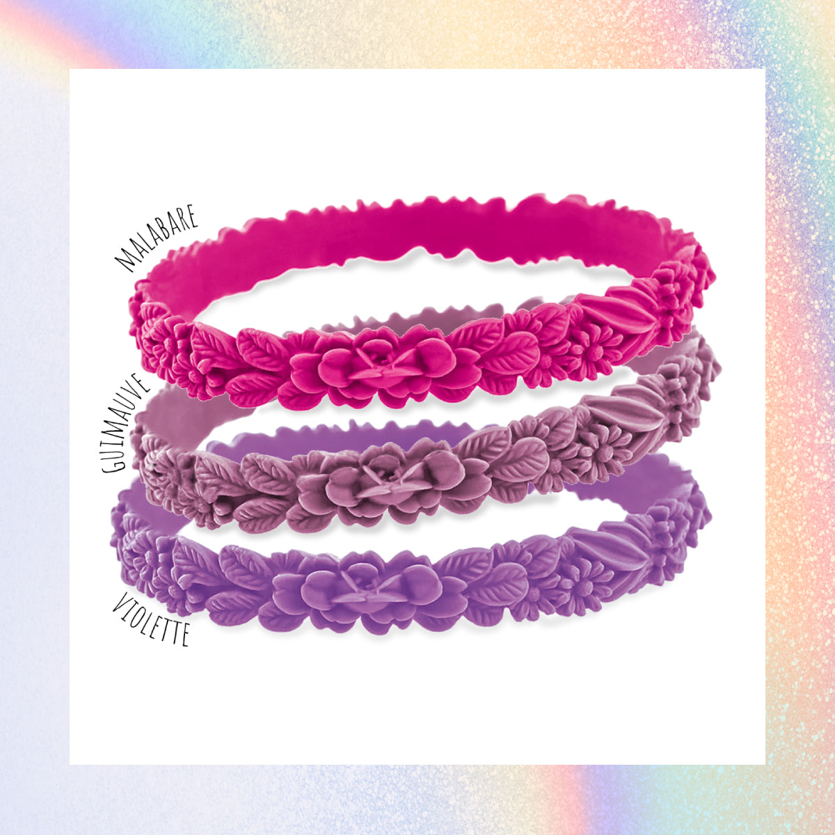 vue gros plan, trio de mix, pack 3 bracelets les fleurettes, bracelets fantaisies aux fleurs 3D. Silicone, bijoux fantaisies, ladygum, marque française, créateurs, designers. 3 couleurs, malabare, guimauve, violette. Souple, léger, bracelet facile à enfiler, non ajustable, bracelet fantaisie, résistant à l'eau, à la chaleur, à la lumière, minimisant les allergies, taille unique.