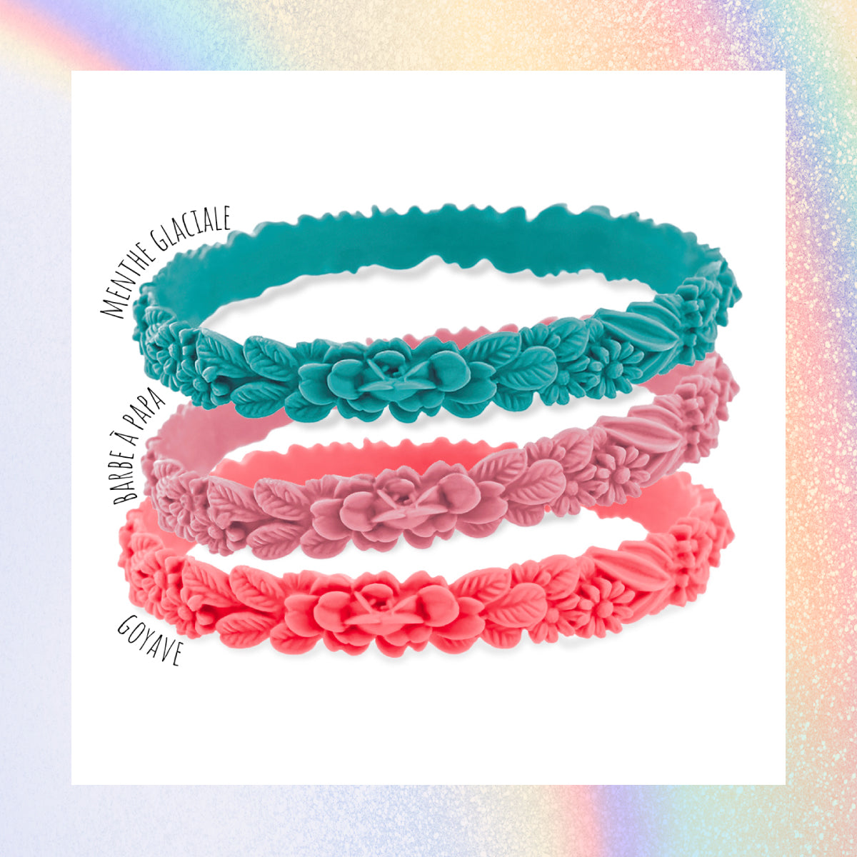 vue gros plan, trio de mix, pack 3 bracelets les fleurettes, bracelets fantaisies aux fleurs 3D. Silicone, ladygum, bijoux fantaisies, marque française, créateurs, designers. 3 couleurs, menthe glaciale, barbe à papa, goyave. Souple, léger, bracelet facile à enfiler, non ajustable, résistant à l'eau, à la chaleur, à la lumière, minimisant les allergies.