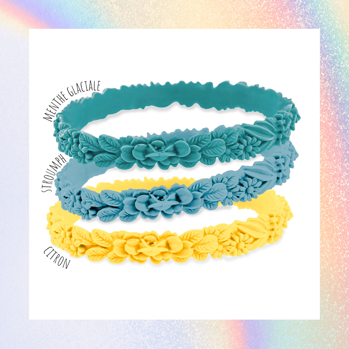 vue gros plan, trio de mix, pack 3 bracelets les fleurettes, design fleurs en 3D. Couleurs menthe glaciale, stroumph, citron. Silicone, ladygum, marque française, bijoux fantaisies, créateurs, designers. Souple, léger, fragile, bracelet à enfiler, non ajustable, taille unique.