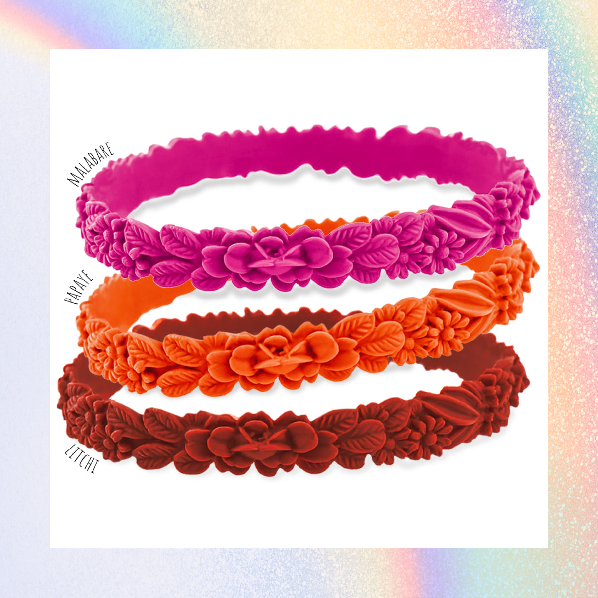 vue gros plan, trio de mix, pack 3 bracelets les fleurettes, bracelets fantaisies aux fleurs 3D en relief. Silicone, 3 couleurs, malabare, papaye, lithci. Ladygum, marque française, bijoux fantaisies, créateurs, designers. Souple, léger, bracelet facile à enfiler, taille unique, non ajustable, résistant à l'eau, à la chaleur, à la lumière, minimisant les allergies.