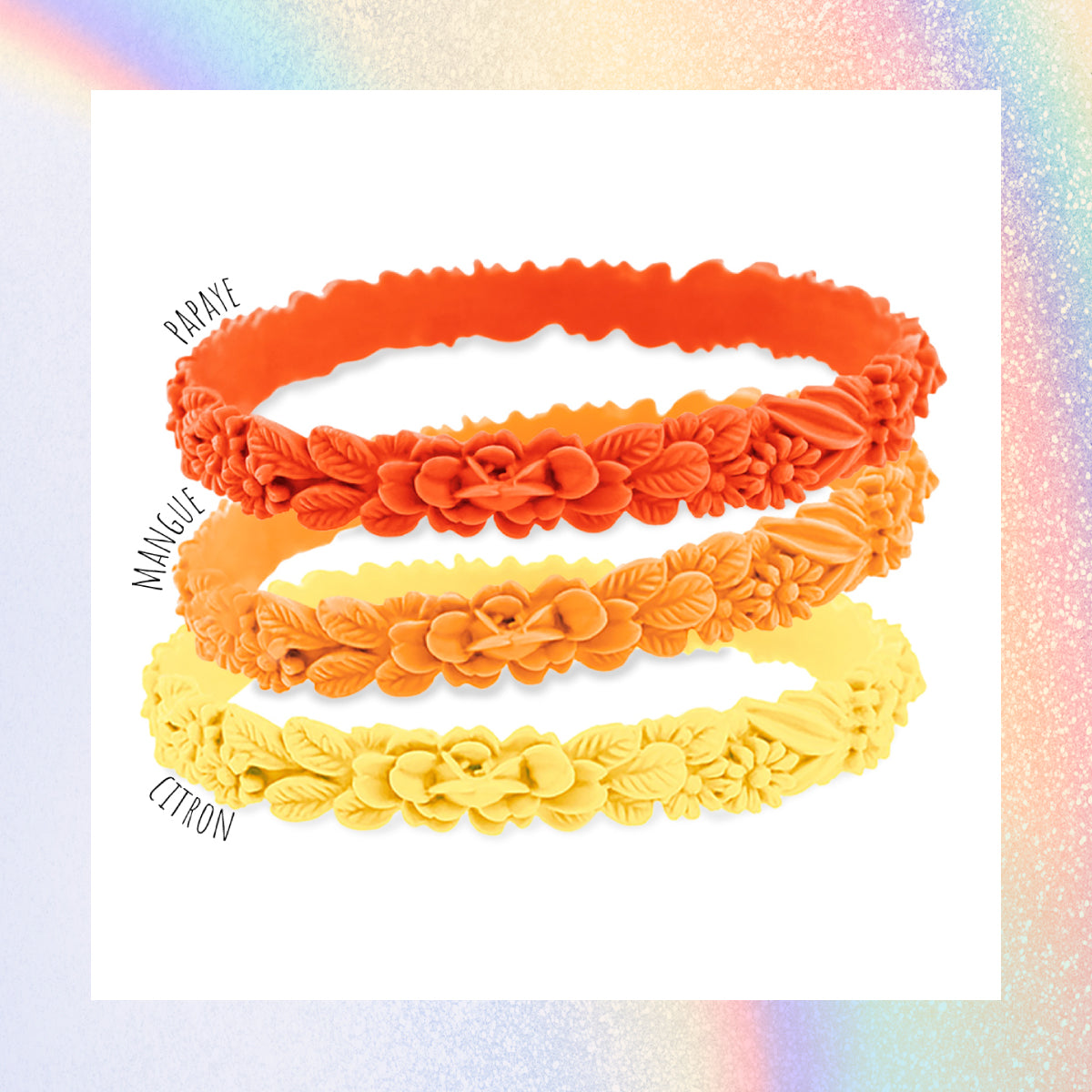 vue gros plan, trio de mix, mix vitaminé, pack 3 bracelets les fleurettes, bracelets fantaisies aux fleurs 3D en relief. Silicone, 3 couleurs, papaye, mangue, citron . Ladygum, marque française, bijoux fantaisies, créateurs, designers. Souple, léger, bracelet facile à enfiler, taille unique, non ajustable, résistant à l'eau, à la chaleur, à la lumière, minimisant les allergies.