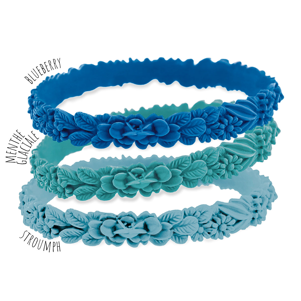 vue gros plan, trio de mix, pack 3 bracelets les fleurettes, bracelets fantaisies aux fleurs 3D. Silicone, ladygum, bijoux fantaisies, marque française, créateurs, designers. Couleurs blueberry, menthe glaciale, stroumph. Souple, léger, fragile, bracelet facile à enfiler, bracelet non ajustable, taille unique, résistant à l'eau, à la chaleur, à la lumière, minimisant les allergies.