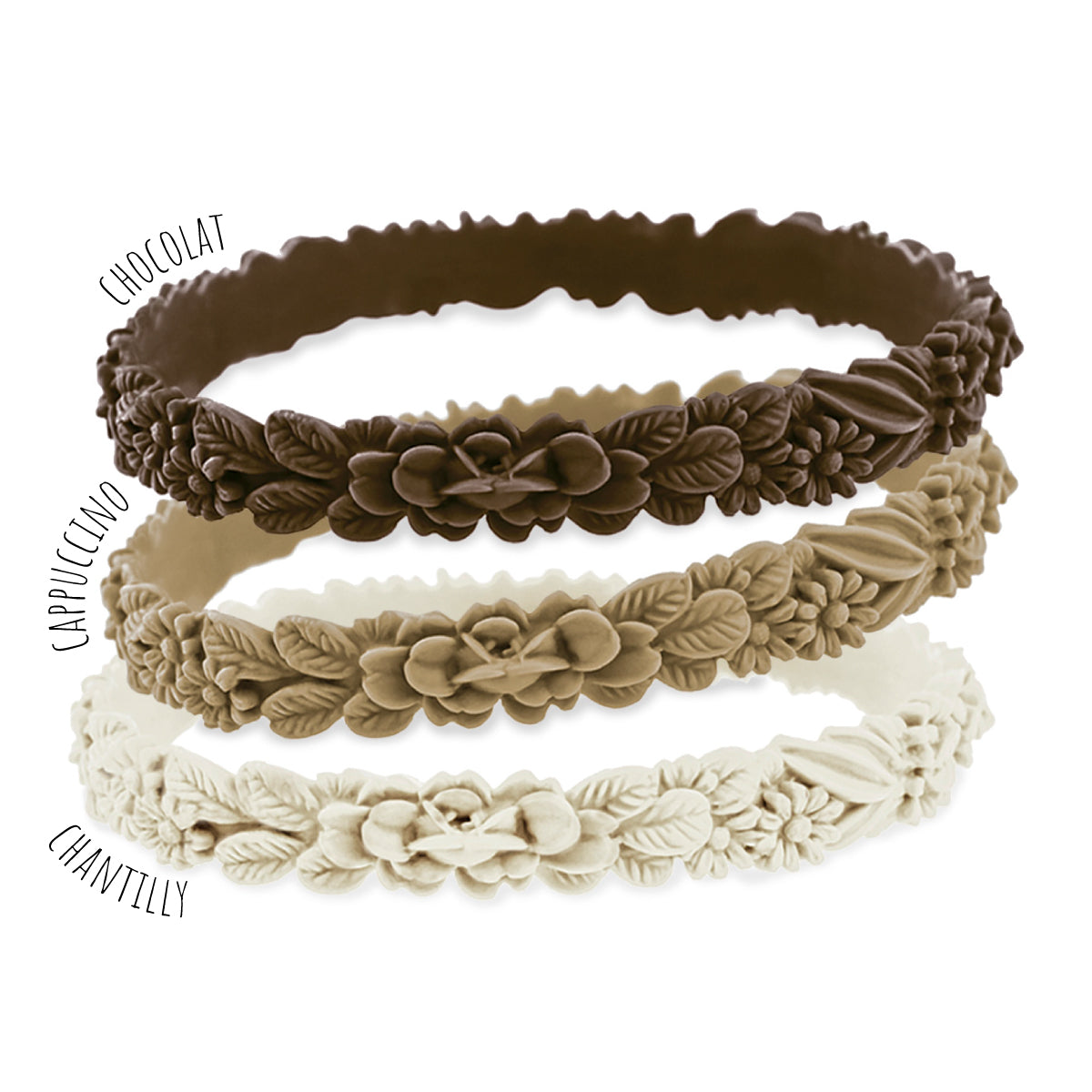 vue gros plan, trio de mix, mix boheme, pack 3 bracelets les fleurettes, bracelets fantaisies aux fleurs 3D en relief. Silicone, 3 couleurs, chocolat, cappuccino, chantilly. Ladygum, marque française, bijoux fantaisies, créateurs, designers. Souple, léger, bracelet facile à enfiler, taille unique, non ajustable, résistant à l'eau, à la chaleur, à la lumière, minimisant les allergies.