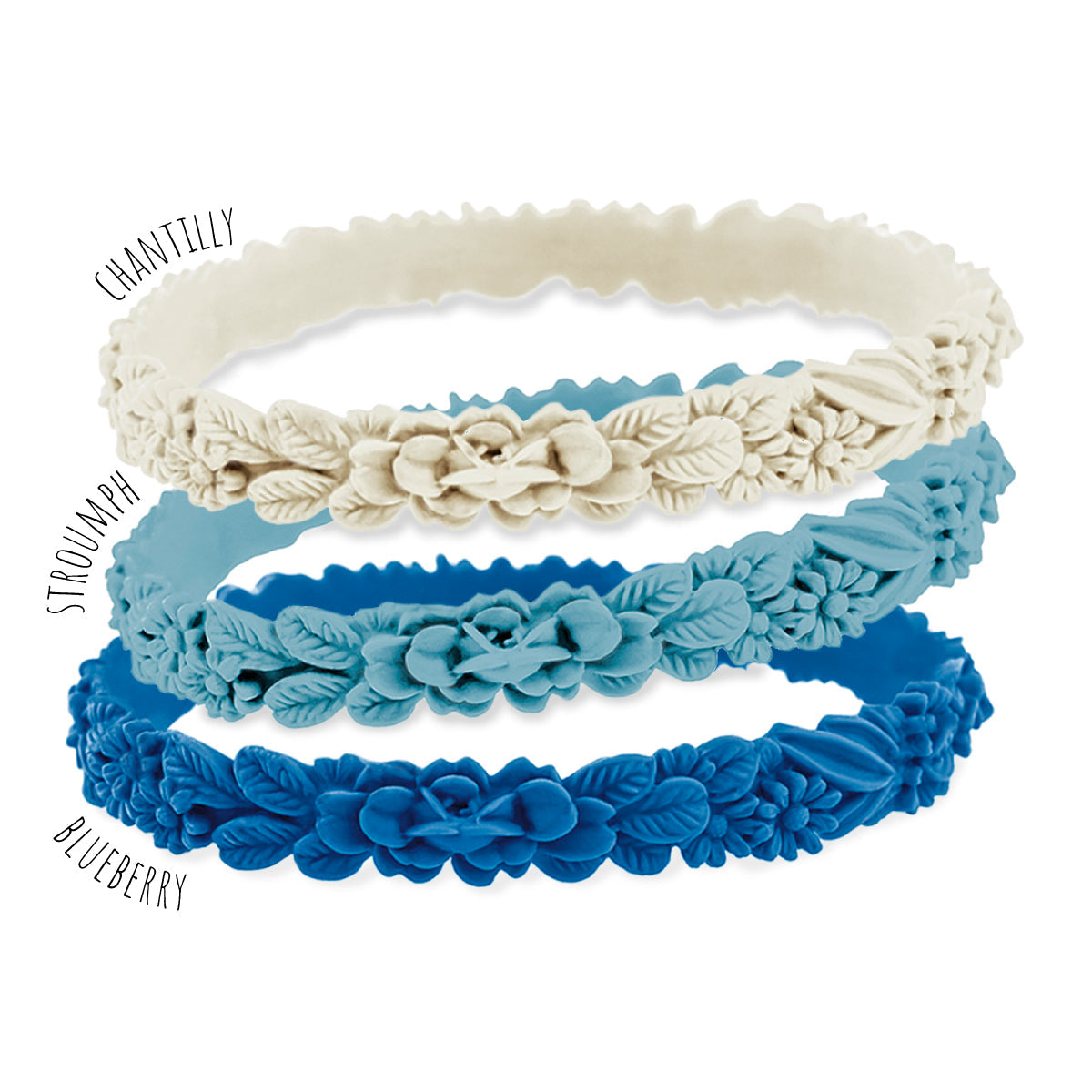 vue gros plan, trio de mix, pack 3 bracelets les fleurettes, bracelet aux fleurs 3D. Silicone, ladygum, bijoux fantaisies, marque française, créateurs, designers. 3 couleurs, chantilly, stroumph, blueberry. Souple, léger, fragile, bracelet facile à enfiler, non ajustable, minimisant les allergies, résistant à l'eau, à la chaleur, à la lumière.