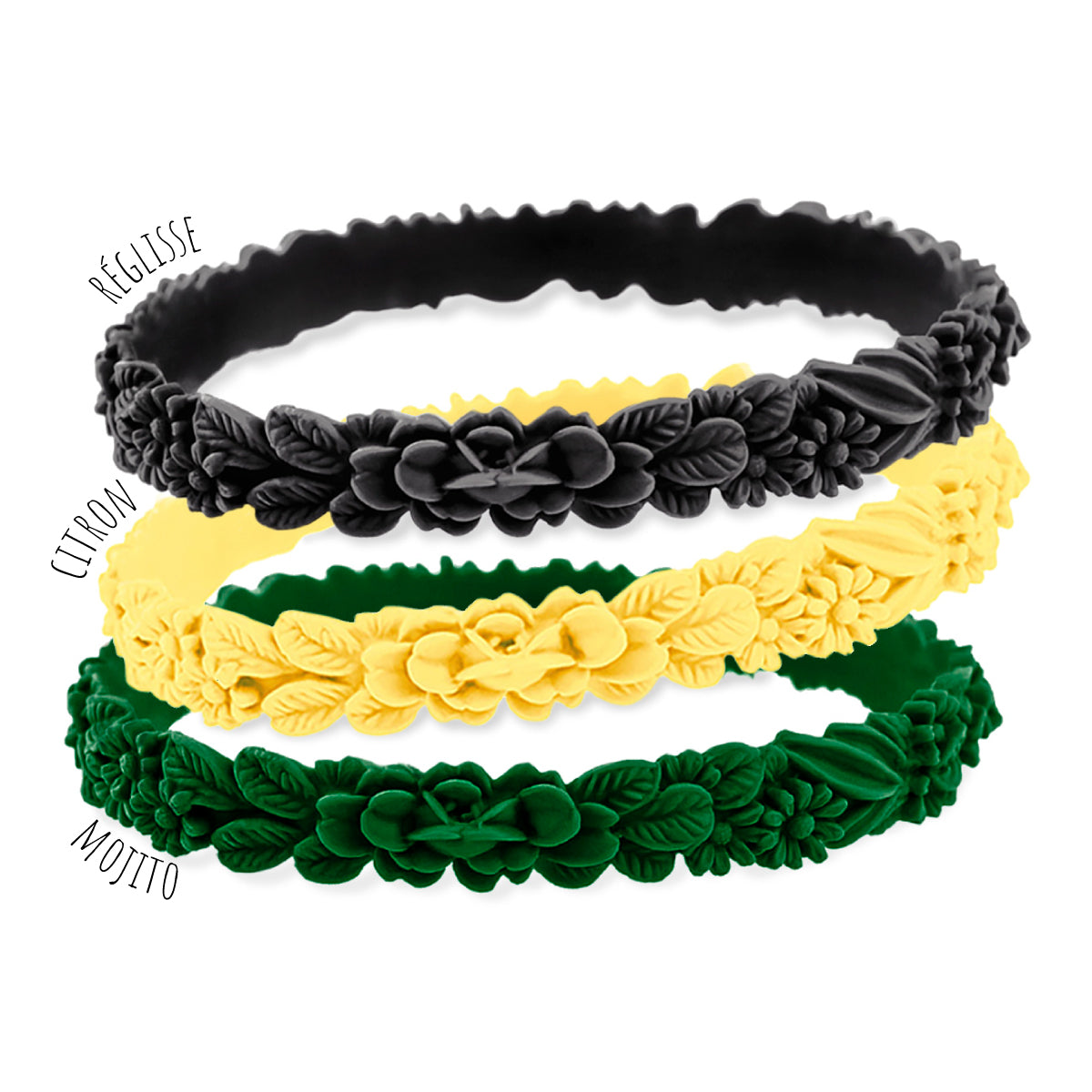 vue gros plan, trio de mix, mix jungle, pack 3 bracelets les fleurettes, bracelets fantaisies aux fleurs 3D en relief. Silicone, 3 couleurs, réglisse, citron, mojito. Ladygum, marque française, bijoux fantaisies, créateurs, designers. Souple, léger, bracelet facile à enfiler, taille unique, non ajustable, résistant à l'eau, à la chaleur, à la lumière, minimisant les allergies.
