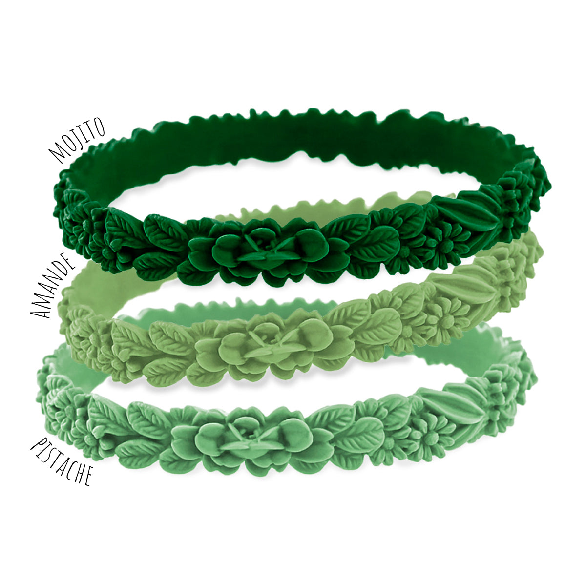 vue gros plan, trio de mix, mix green touch, pack 3 bracelets les fleurettes, bracelets fantaisies aux fleurs 3D en relief. Silicone, 3 couleurs, mojito, amande, pistache. Ladygum, marque française, bijoux fantaisies, créateurs, designers. Souple, léger, bracelet facile à enfiler, taille unique, non ajustable, résistant à l'eau, à la chaleur, à la lumière, minimisant les allergies.