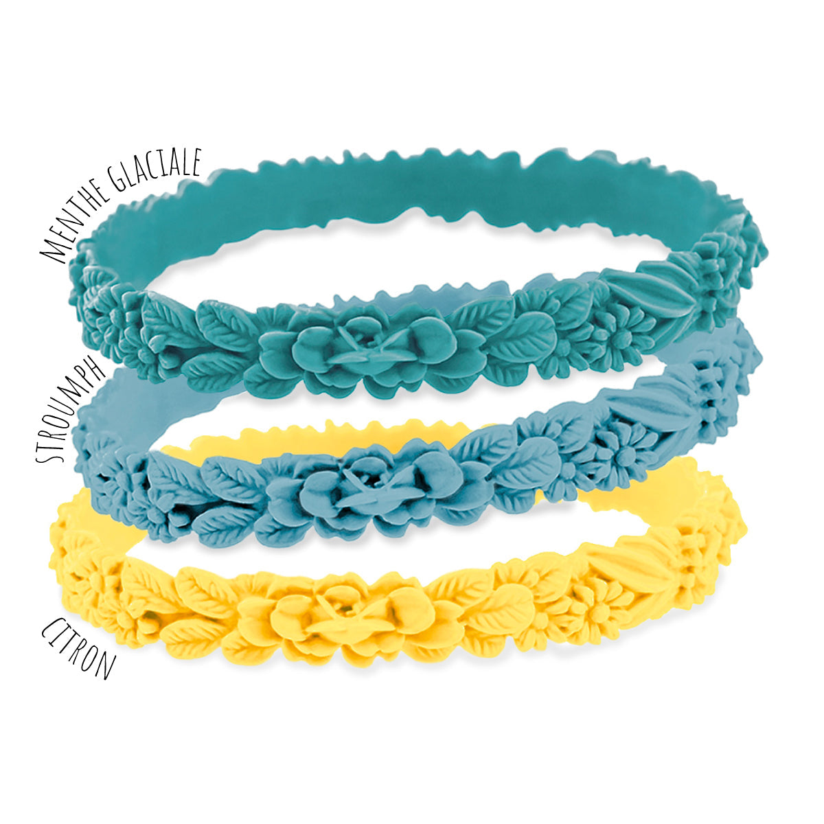 vue gros plan, trio de mix, pack 3 bracelets les fleurettes, design fleurs en 3D. Couleurs menthe glaciale, stroumph, citron. Silicone, ladygum, marque française, bijoux fantaisies, créateurs, designers. Souple, léger, fragile, bracelet à enfiler, non ajustable, taille unique.