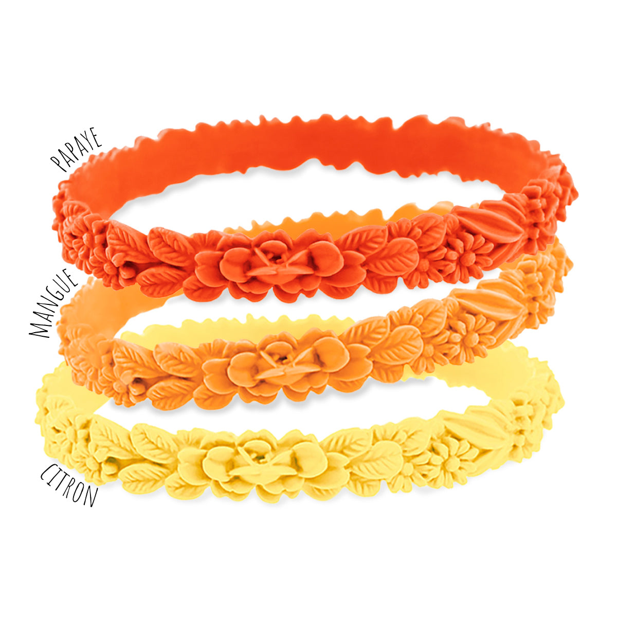 vue gros plan, trio de mix, mix vitaminé, pack 3 bracelets les fleurettes, bracelets fantaisies aux fleurs 3D en relief. Silicone, 3 couleurs, papaye, mangue, citron . Ladygum, marque française, bijoux fantaisies, créateurs, designers. Souple, léger, bracelet facile à enfiler, taille unique, non ajustable, résistant à l'eau, à la chaleur, à la lumière, minimisant les allergies.