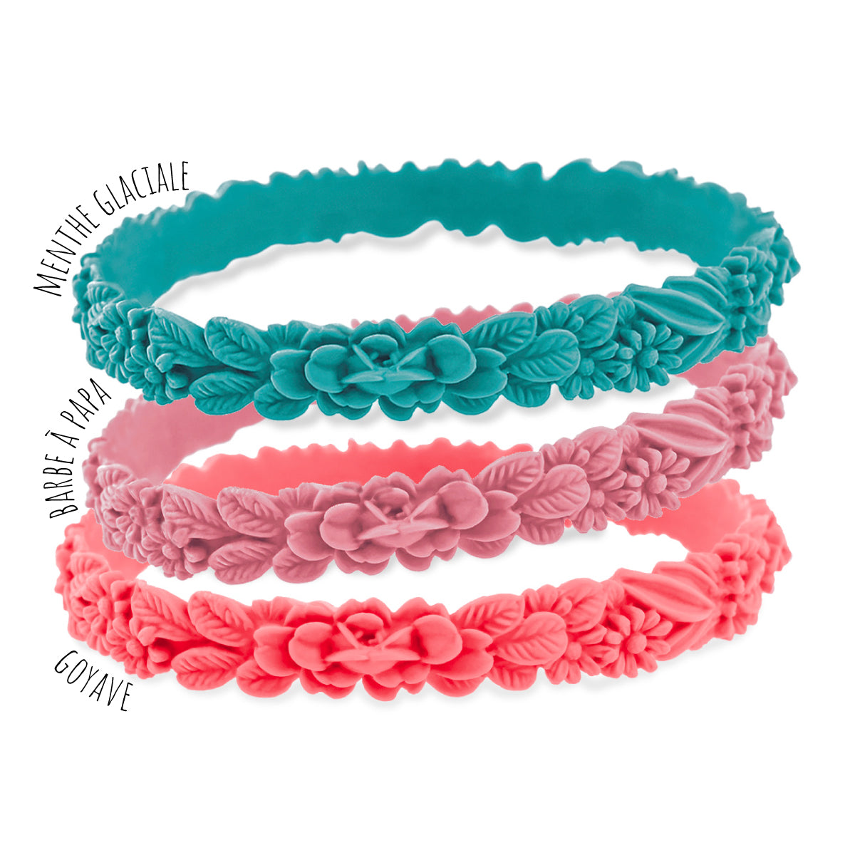 vue gros plan, trio de mix, pack 3 bracelets les fleurettes, bracelets fantaisies aux fleurs 3D. Silicone, ladygum, bijoux fantaisies, marque française, créateurs, designers. 3 couleurs, menthe glaciale, barbe à papa, goyave. Souple, léger, bracelet facile à enfiler, non ajustable, résistant à l'eau, à la chaleur, à la lumière, minimisant les allergies.