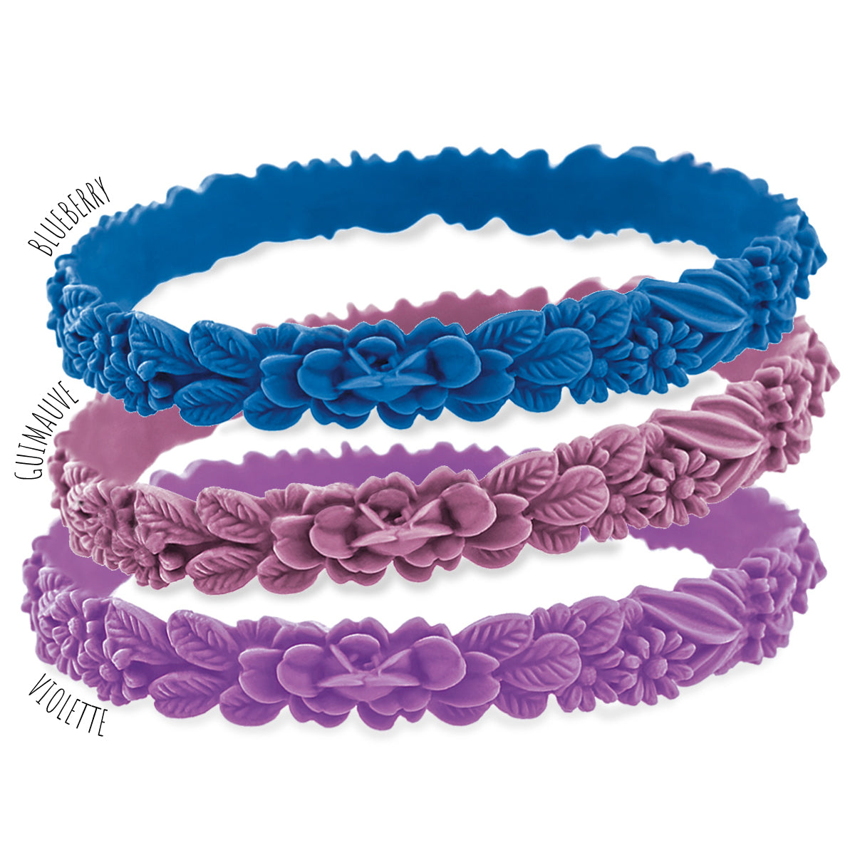 vue gros plan, trio de mix, pack 3 bracelets les fleurettes, bracelets fantaisies aux fleurs 3D. Silicone, ladygum, marque française, bijoux fantaisies, créateurs, designers. 3 couleurs, blueberry, guimauve, violette. Souple, léger, bracelet facile à enfiler, non ajustable, taille unique, résistant à l'eau, à la chaleur, à la lumière, minimisant les allergies.