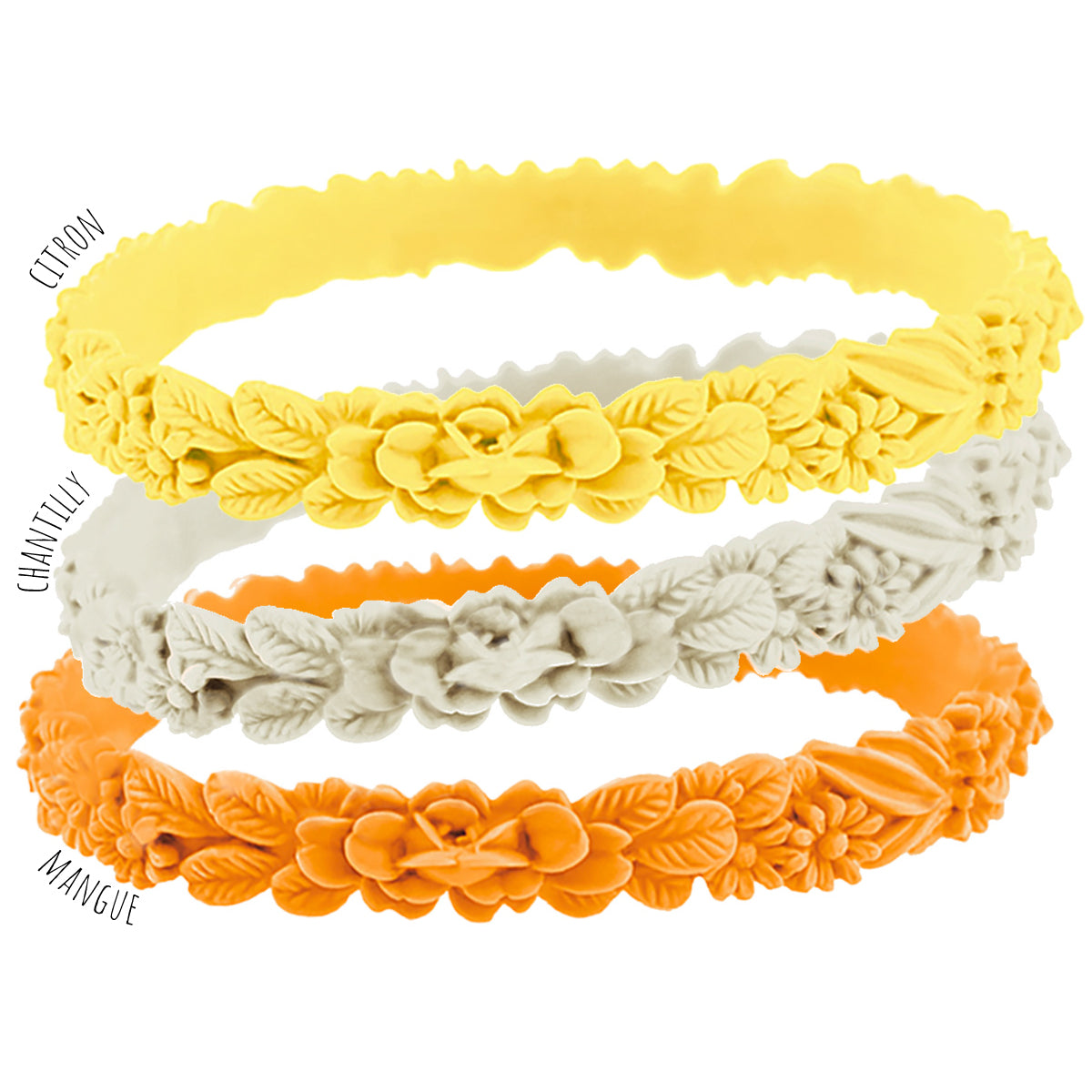 vue gros plan, trio de mix, mix lemonade juice, pack 3 bracelets les fleurettes, bracelets fantaisies aux fleurs 3D en relief. Silicone, 3 couleurs, citron, chantilly, mangue. Ladygum, marque française, bijoux fantaisies, créateurs, designers. Souple, léger, bracelet facile à enfiler, taille unique, non ajustable, résistant à l'eau, à la chaleur, à la lumière, minimisant les allergies.