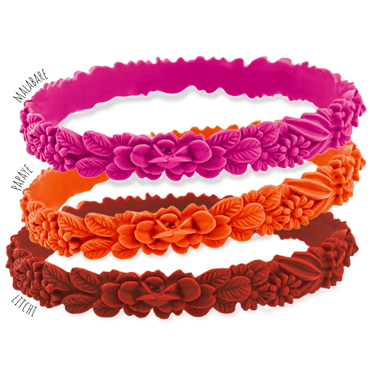 vue gros plan, trio de mix, pack 3 bracelets les fleurettes, bracelets fantaisies aux fleurs 3D en relief. Silicone, 3 couleurs, malabare, papaye, lithci. Ladygum, marque française, bijoux fantaisies, créateurs, designers. Souple, léger, bracelet facile à enfiler, taille unique, non ajustable, résistant à l'eau, à la chaleur, à la lumière, minimisant les allergies.