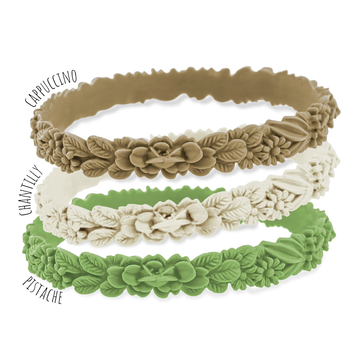 vue gros plan, trio de mix, mix vegetal, pack 3 bracelets les fleurettes, bracelets fantaisies aux fleurs 3D en relief. Silicone, 3 couleurs, cappuccino, chantilly, pistache. Ladygum, marque française, bijoux fantaisies, créateurs, designers. Souple, léger, bracelet facile à enfiler, taille unique, non ajustable, résistant à l'eau, à la chaleur, à la lumière, minimisant les allergies.